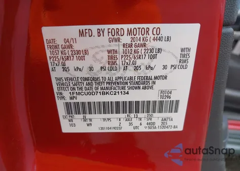 2011 Ford Escape Xlt from USA, damaged, VIN 1FMCU0D71BKC21134